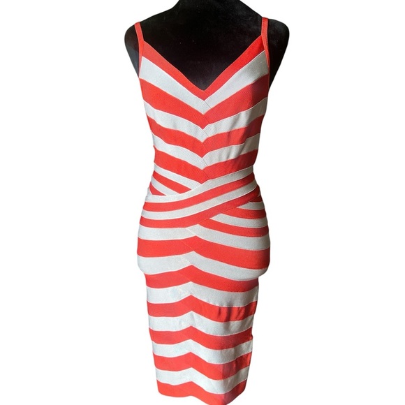 Herve Leger Andreea Striped Bandage Dress Size S  Orange & Grey  V-Neck Bodycon - Picture 3 of 9